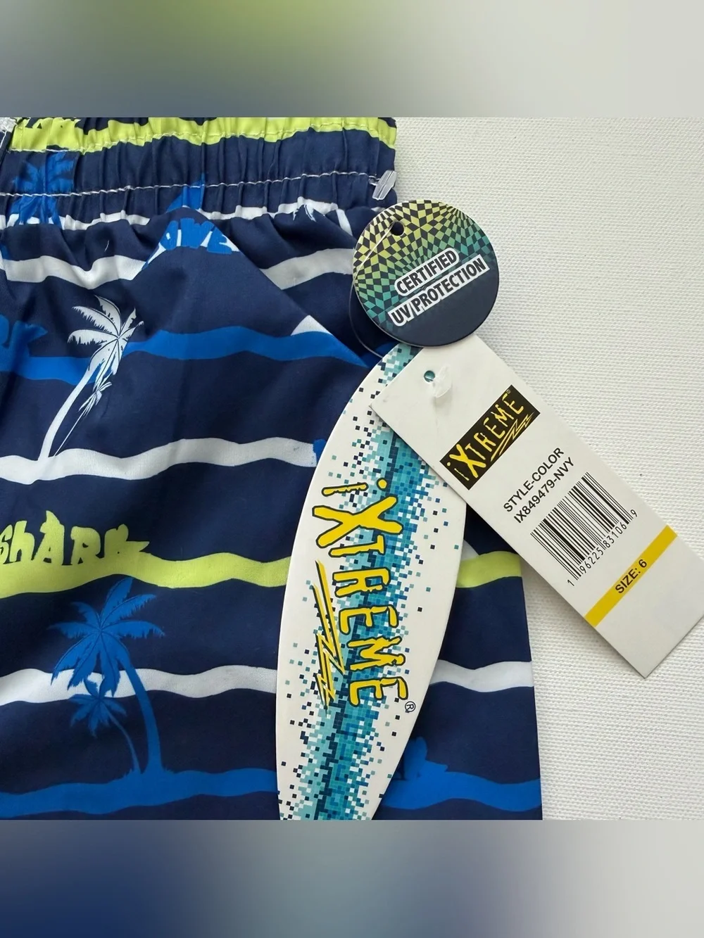 XTREME Navy Shark & Palm Print Swim Shorts with Lime Accents Size 6 Boys